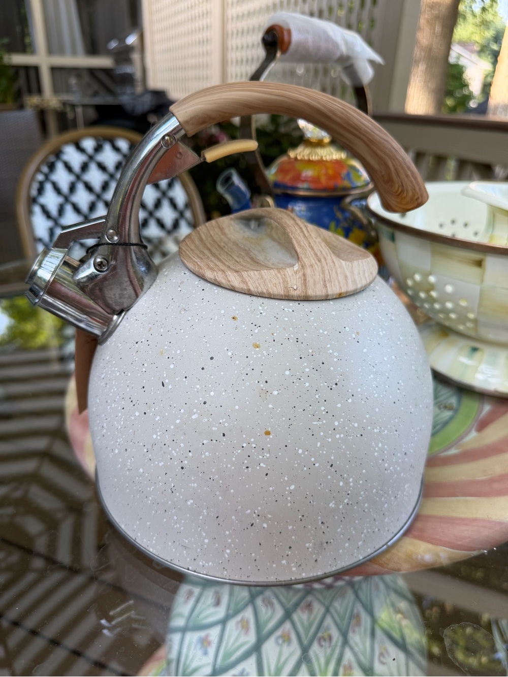 Speckled Cream Whistling Stovetop Kettle with Wood-Style Handle